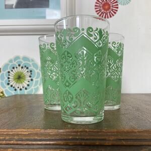 Vintage Green Filigree Glasses, Mid Century Swanky Sour Cream Glass Tumbler Set